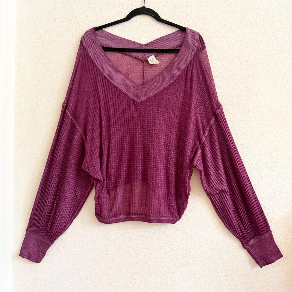 We The Free Free People South Side Sheer Thermal Top Sz S Waffle Knit - Picture 3 of 10
